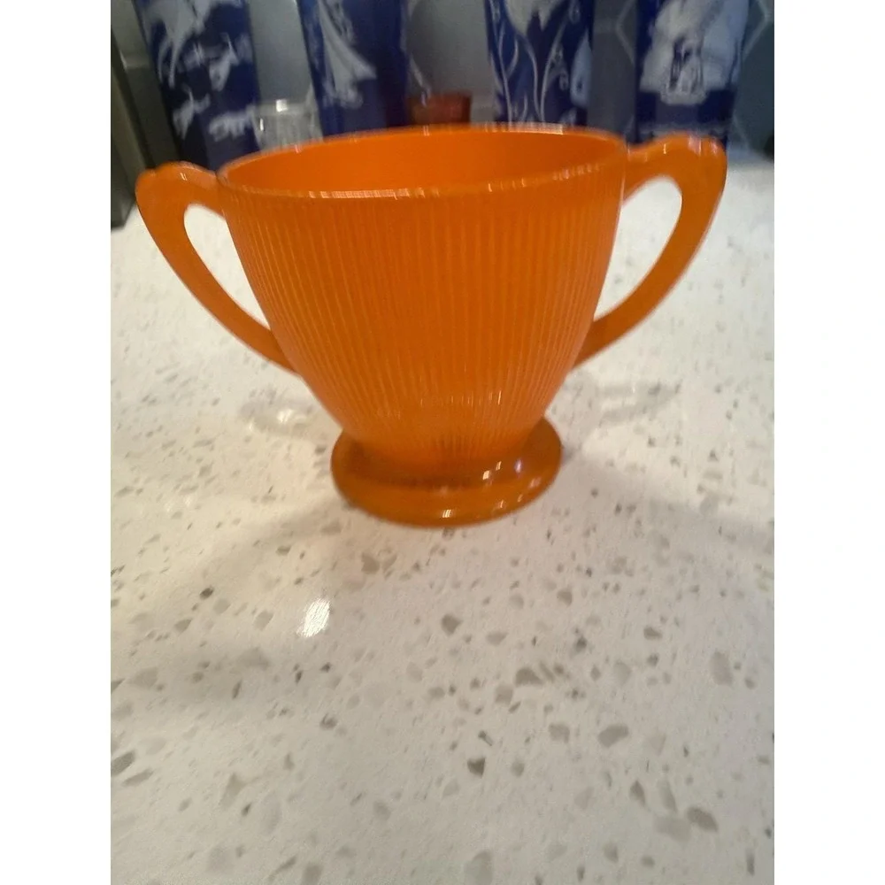 Unusual Jeannette Homespun Fine Rib ORANGE Fired On Sugar Bowl Depression Glass